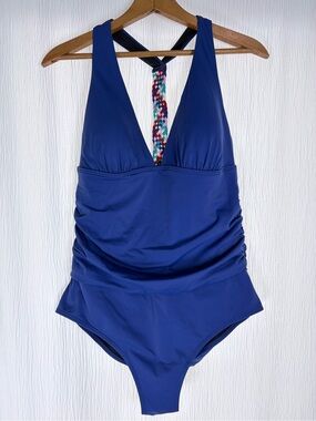 Boden One-Piece Swimsuit in Royal Blue, Multicolor Braided Detail, Size 12